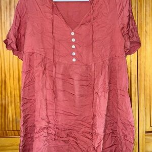 Womens V-Neck Button-Front Tunic Dress in Rust Red